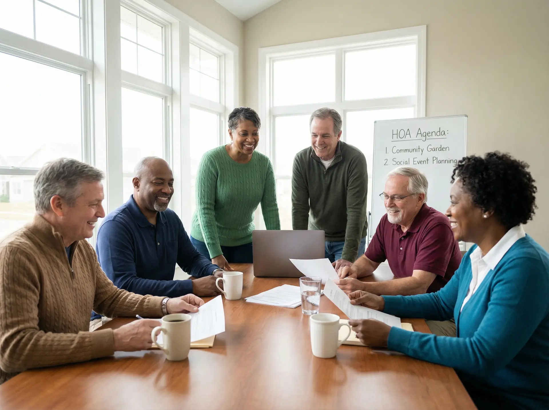 An HOA board meeting with members reviewing their management match